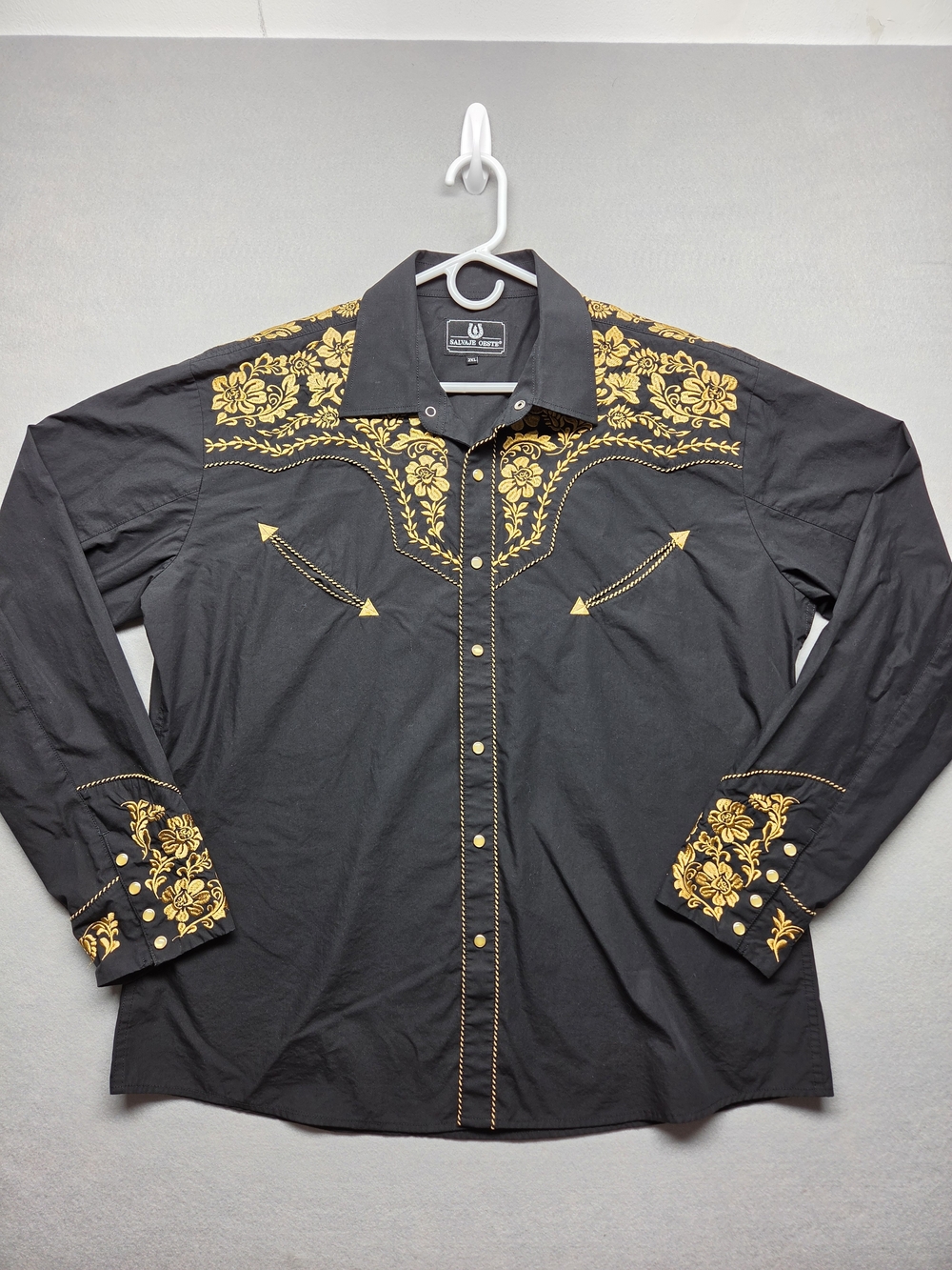 Salvaje Oeste Black Western Dress Shirt Black/Gold Floral Embroidery 2XL